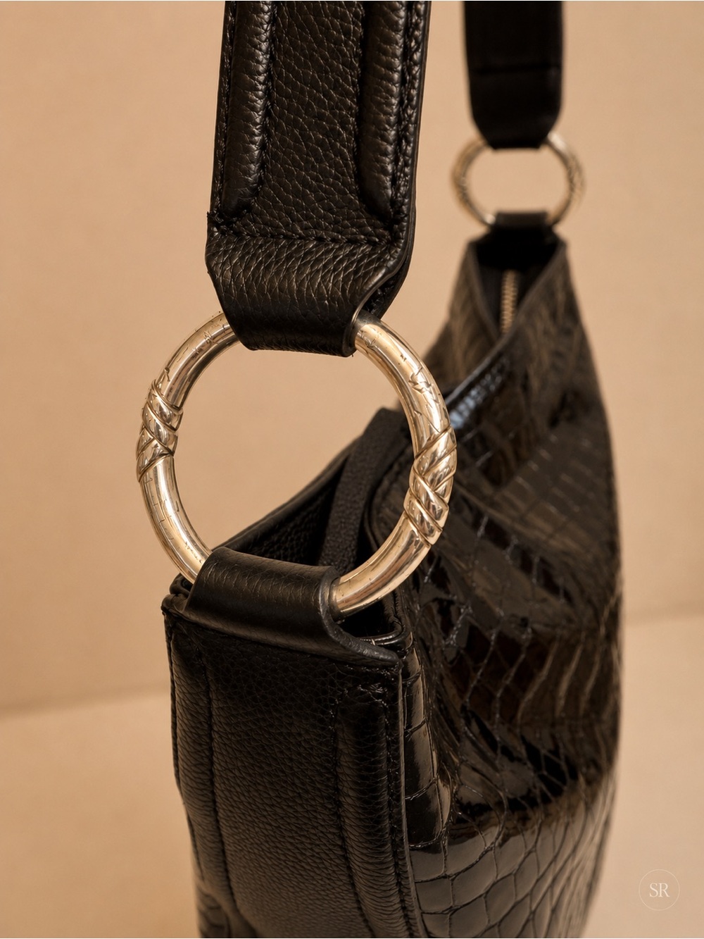 Brighton Cher Black Patent Croc Embossed Leather Hobo Shoulder Bag Heart Charm - Picture 4 of 14